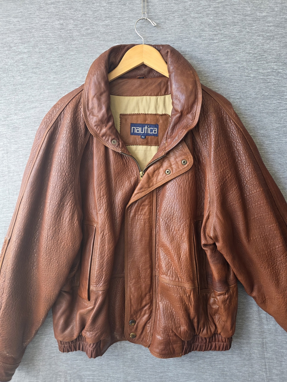 Vintage Nautica Brown Leather Bomber Jacket Men’s 46 Patina Hooded 90s